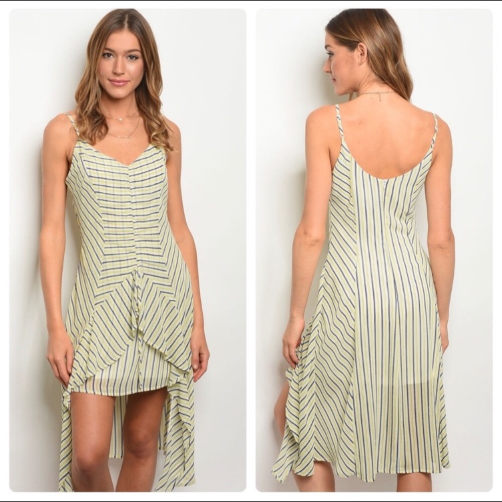 Yellow & Navy Front Draw String Ruffle Dress